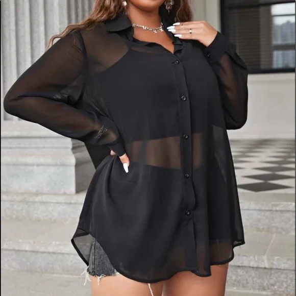 Boho Plus Size Slit Open back Button Shirt Top Blouse Black - Picture 3 of 10